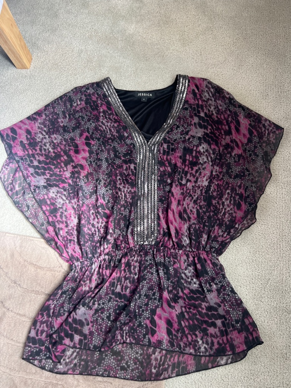 Jessica Purple and Black Animal-Print V-Neck Tunic with Embellished Trim